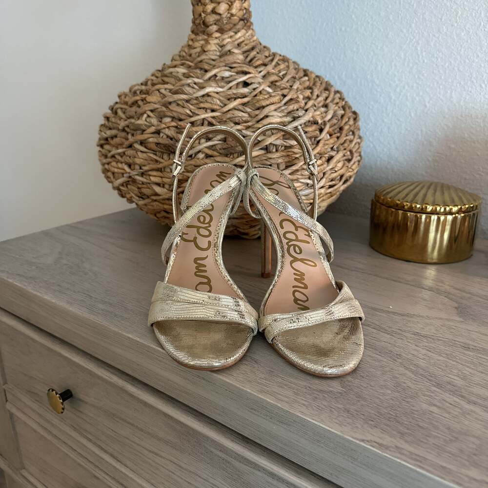 Sam Edelman Alisandra Metallic‎ Gold Strappy Stiletto Heel Sandals - Picture 2 of 7